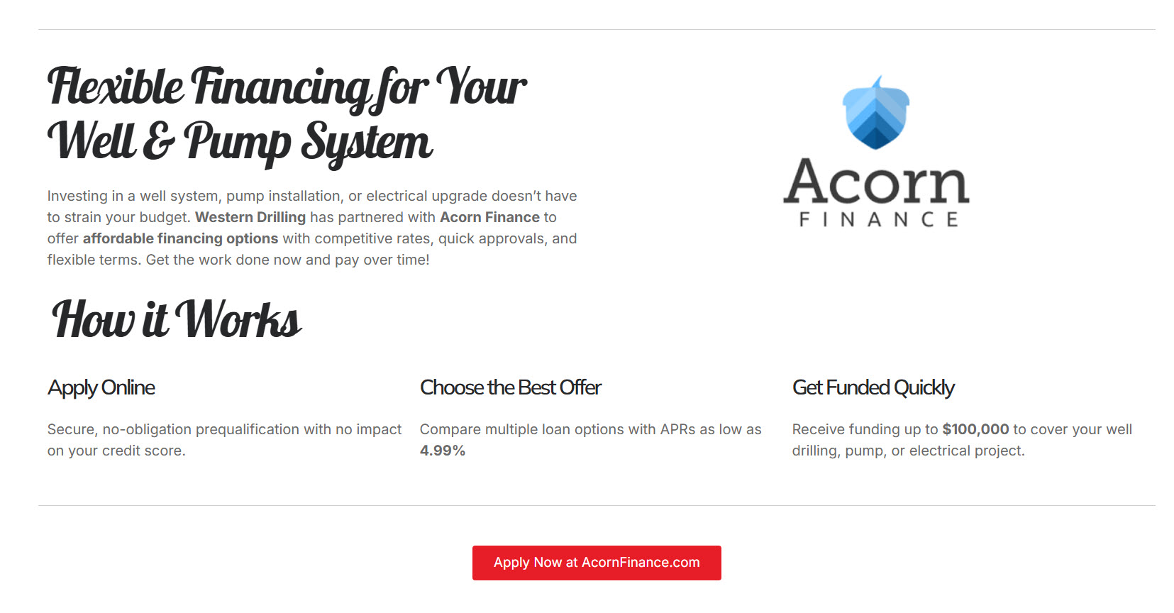 Western Drilling financing page built to help customers move forward with high-ticket well drilling projects