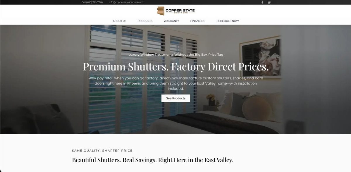 Copper State Shutters - Homepage hero with premium shutters