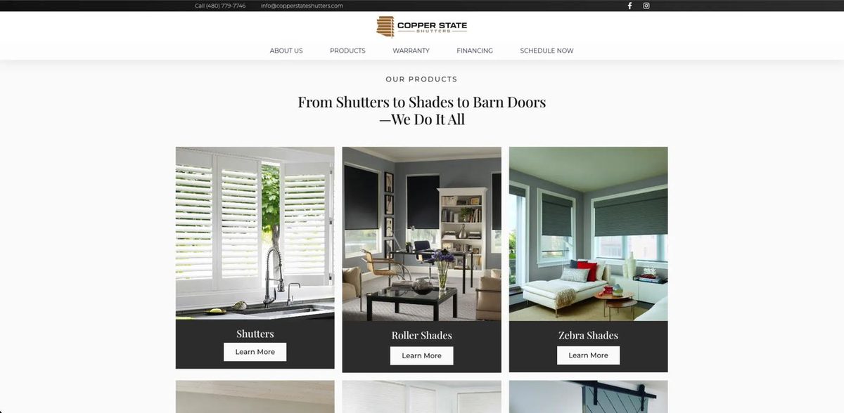 Copper State Shutters - Products overview with shutters, roller shades, and zebra shades