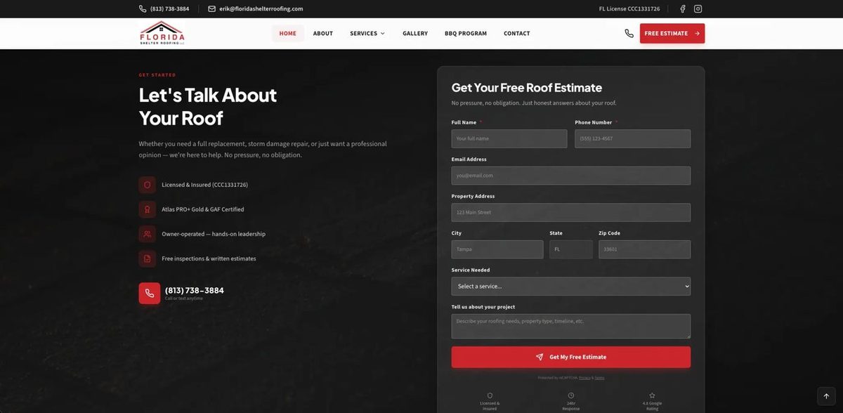 Florida Shelter Roofing - Contact form and free estimate