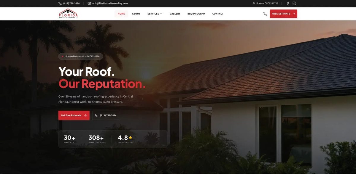 Florida Shelter Roofing - Homepage hero with sunset roofline