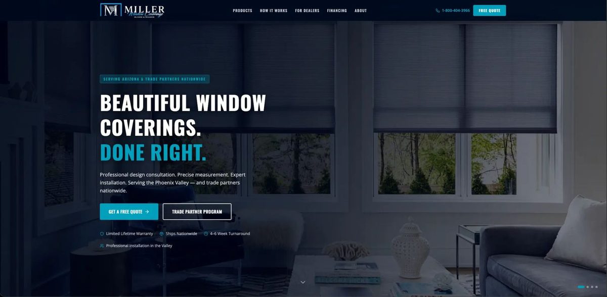 Miller Window Coverings - Homepage hero with window blinds