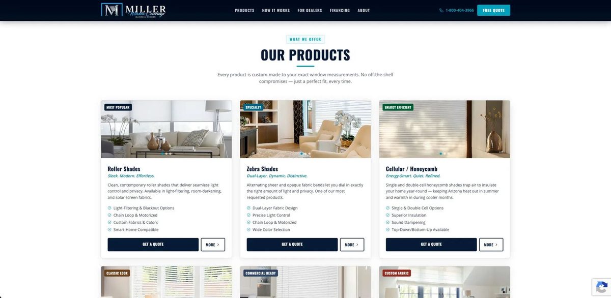 Miller Window Coverings - Products grid with roller shades and zebra shades