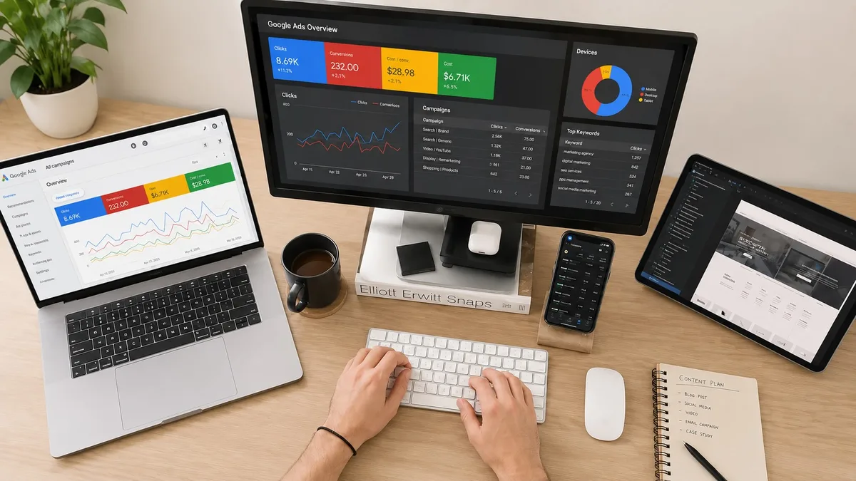 Google Ads management workspace showing campaign dashboards, performance metrics, and analytics across multiple screens