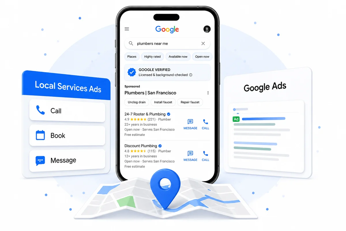 Google Local Services Ads and Google Ads shown on mobile search results with call, book, and message options