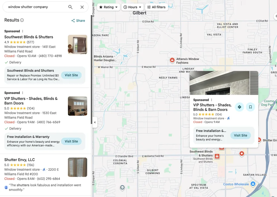 Business appearing as a Sponsored result in Google Maps with star ratings, phone number, and directions visible