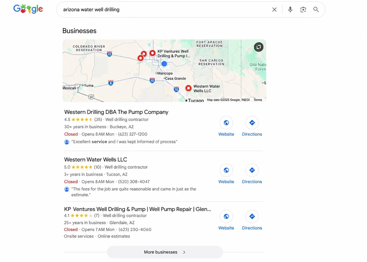 Client ranking at the top of Google's Local 3-Pack for Arizona water well drilling