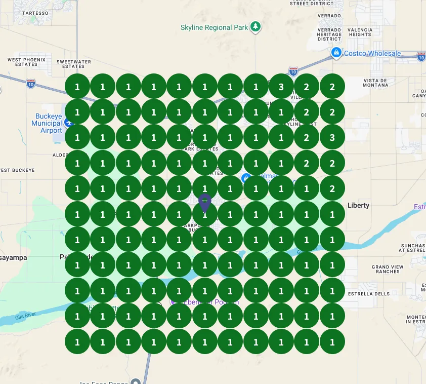 Local SEO geo-grid showing dominant #1 rankings across entire service area