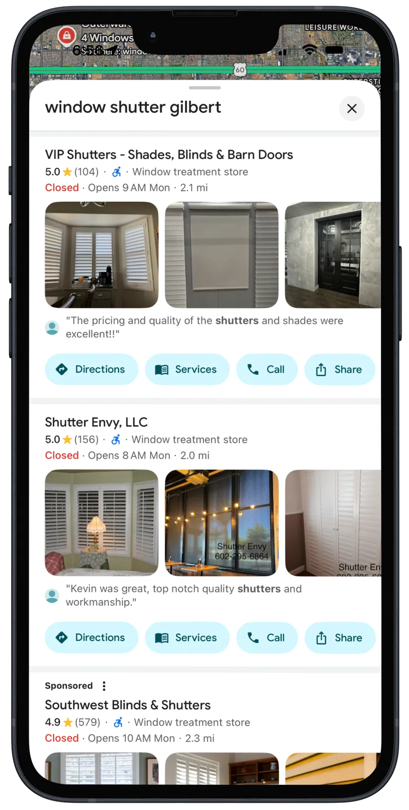 Google Maps local pack ranking number one for window shutter Gilbert showing 5 star reviews