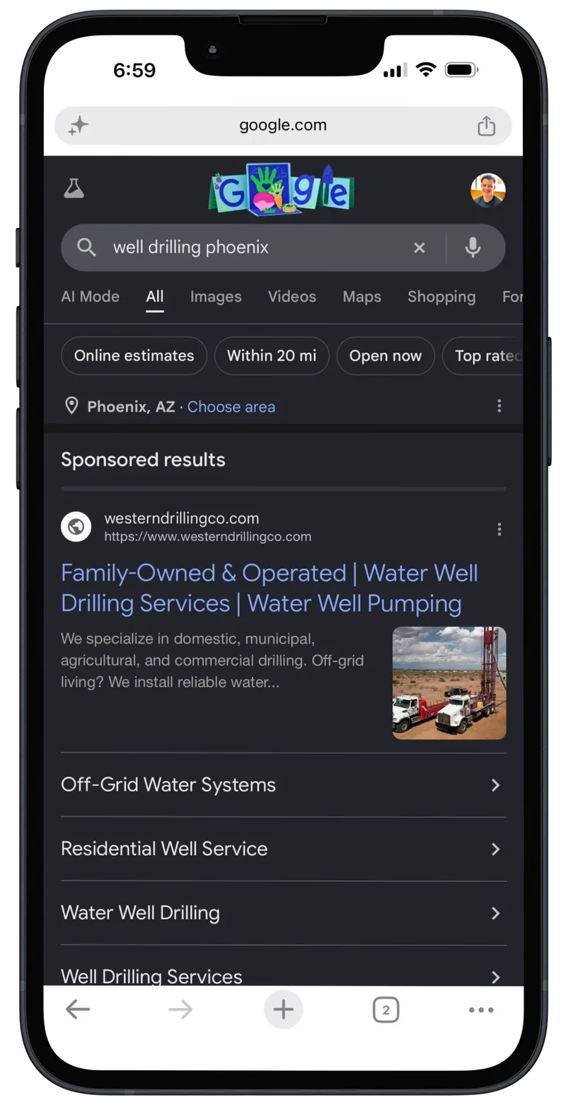 Google Search sponsored result for well drilling Phoenix showing top position with sitelinks