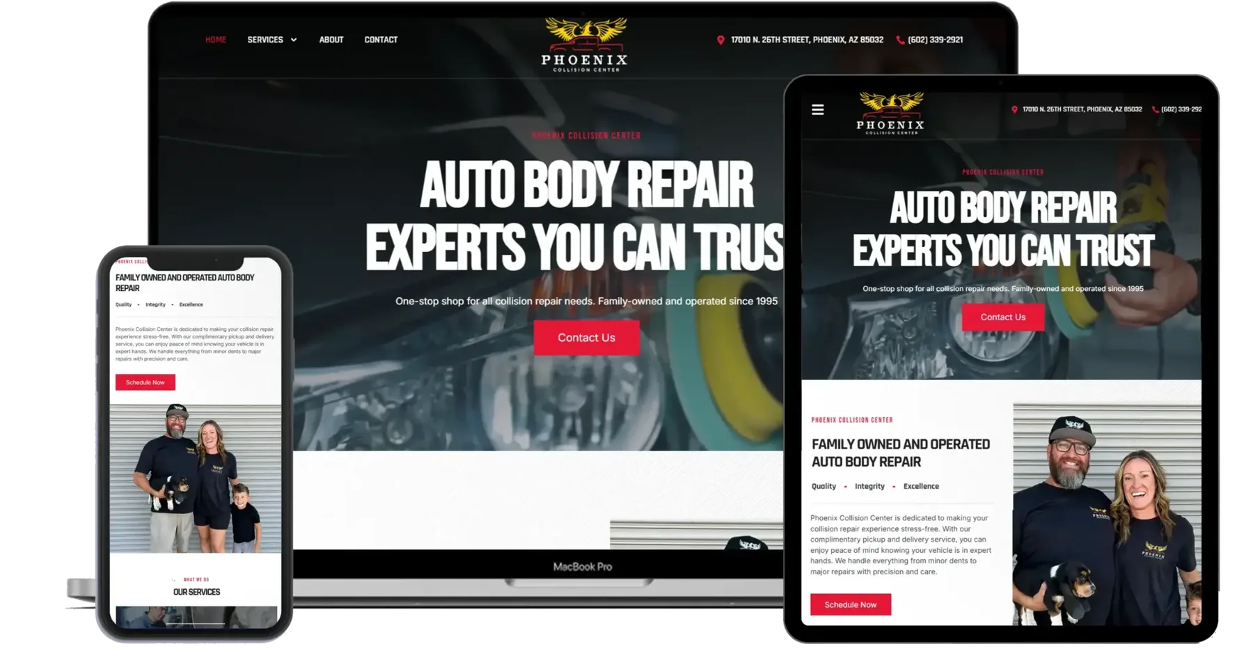 Phoenix Collision Center responsive website on 3 devices